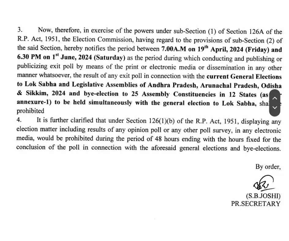 चुनाव आयोग ने एग्जिट पोल पर बैन के लिए अधिसूचना जारी की, 19 अप्रैल से एक जून तक एग्जिट पोल पर बैन 