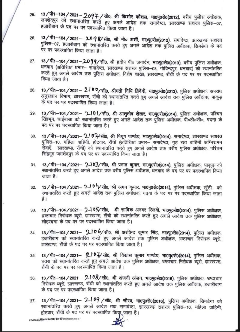 झारखंड में बड़े पैमाने पर प्रशासनिक फेरबदल, अब इन आईपीएस अधिकारियों का हुआ तबादला