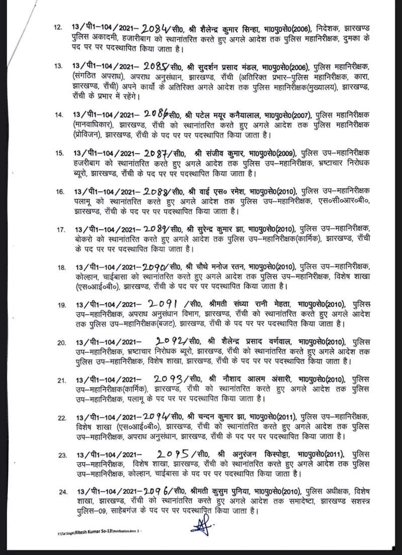 झारखंड में बड़े पैमाने पर प्रशासनिक फेरबदल, अब इन आईपीएस अधिकारियों का हुआ तबादला