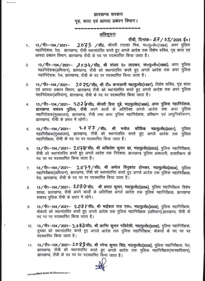 झारखंड में बड़े पैमाने पर प्रशासनिक फेरबदल, अब इन आईपीएस अधिकारियों का हुआ तबादला